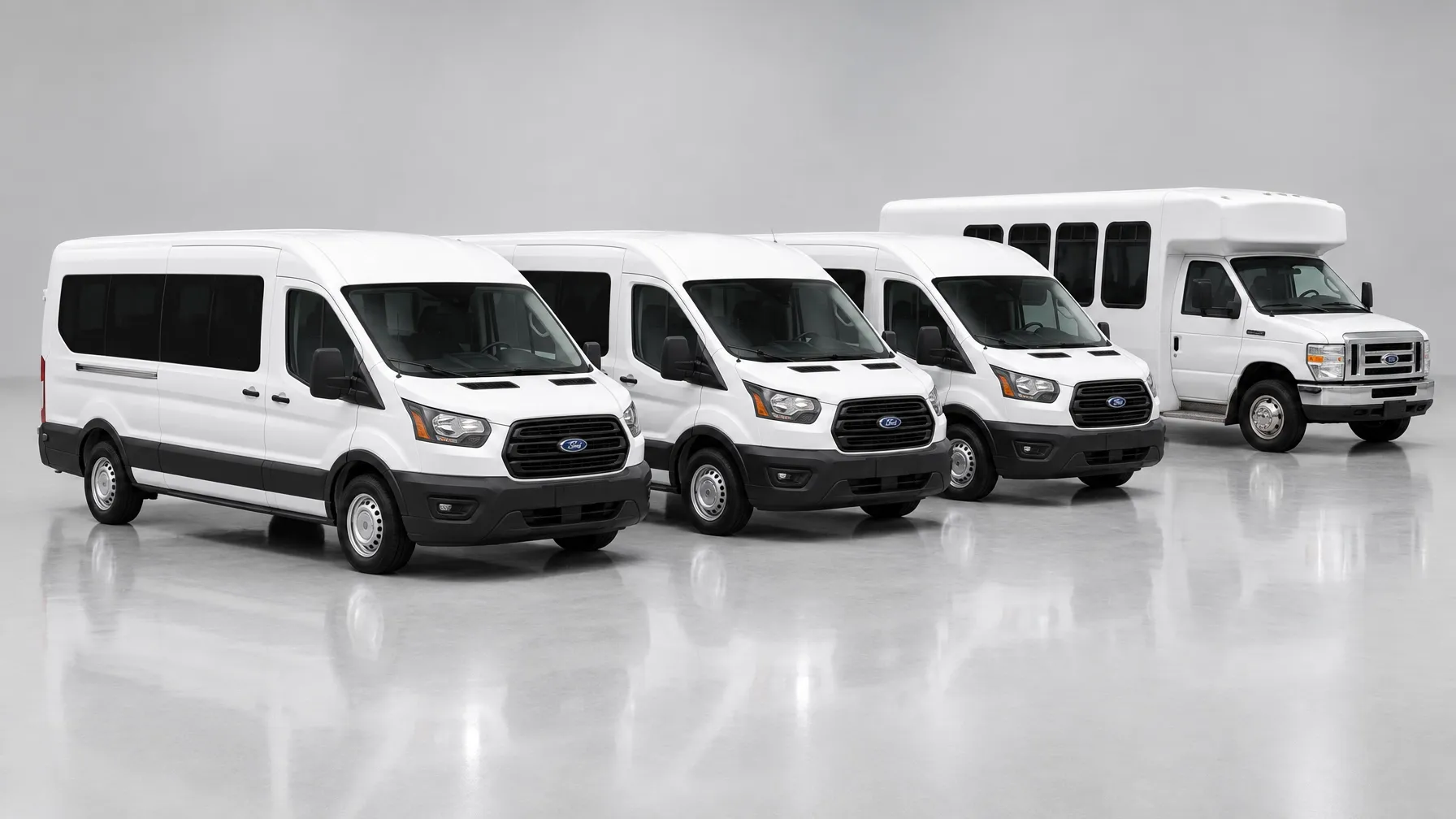 White Ford Transit passenger vans and a white 15-Passenger High-Roof E-350 lineup on a light gray studio backdrop